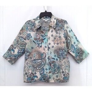 Alia Shirt Women Size 14 Blue Beige Paisley 3/4 Sleeve Collared Button Up Top